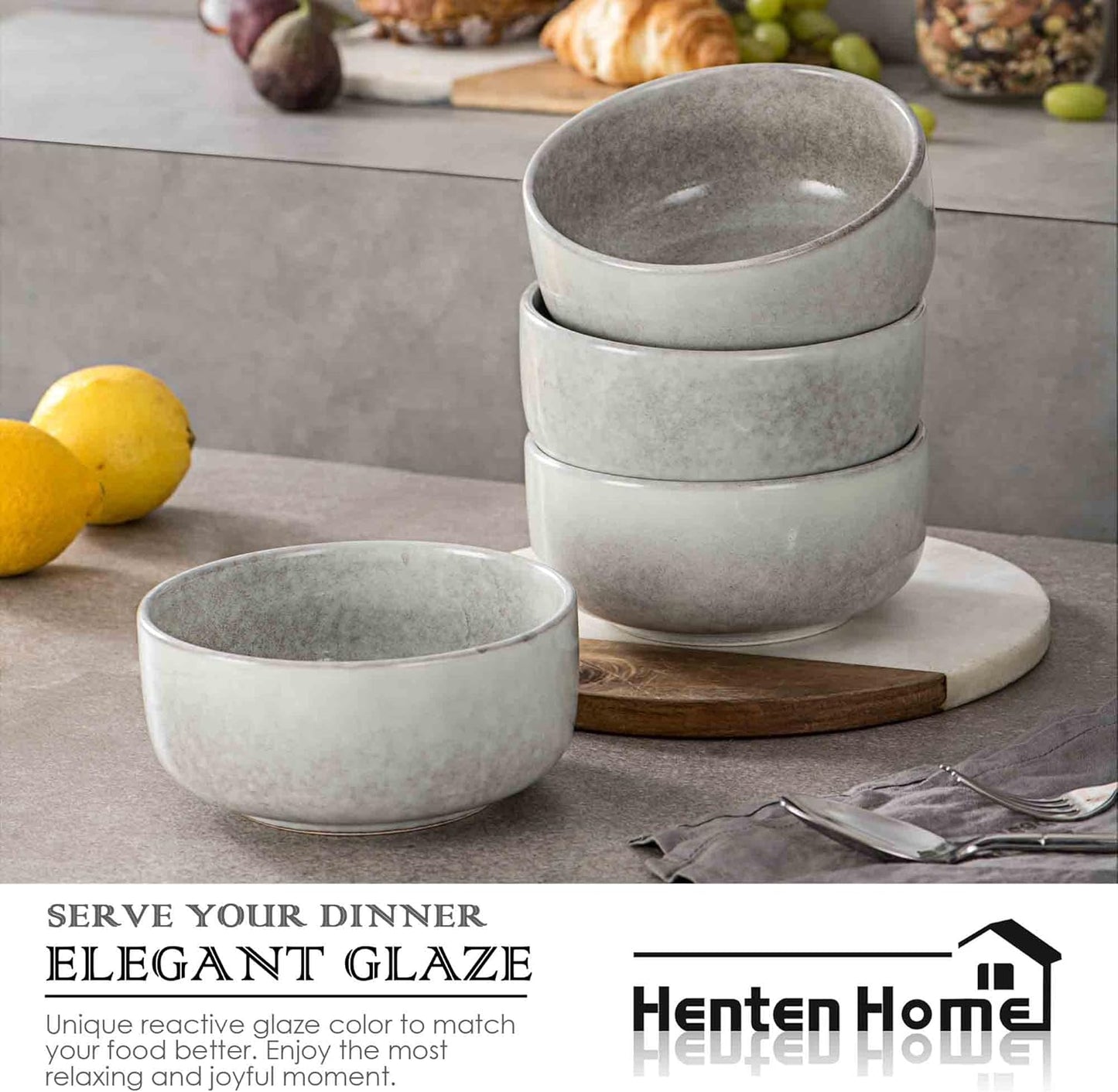 Henten Home Ceramic Otmeal Bowl Set of 4, 26 OZ Porcelain Bowls for Cereal, Salad, Soup, Noodle, Serving Stoneware Set, Reactive Glaze, Microwave & Dishwasher Safe (Grey)