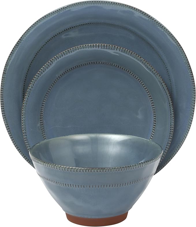 Gibson Elite Terranea 12 Piece Dishes Reactive Glaze Plates and Bowls Terracotta Dinnerware Set - Service for 4 - Blue