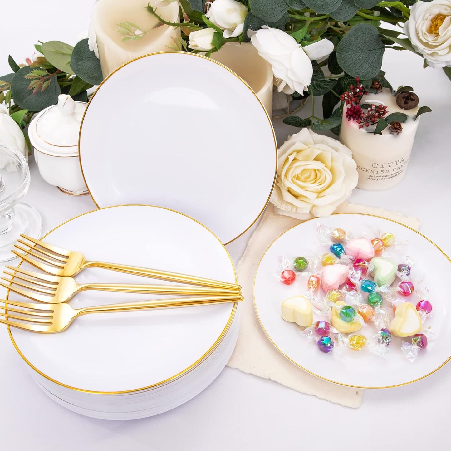 Rubtlamp 200Pcs Gold Plastic Dessert Plates,White Appetizer Platos with Gold Disposable Forks, Fancy Small Dessert/Cake Plates Include 100pcs 7.5" Salad Platos, 100pcs 7.6" Plastic Forks for Party
