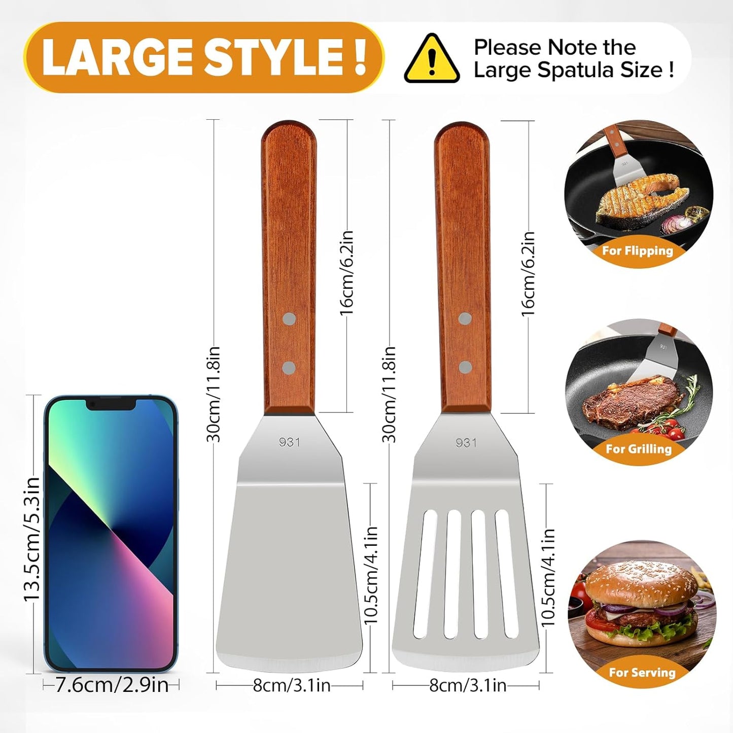 Metal Spatula Set for Kitchen Use,2Pcs Large Stainless Steel Spatulas for Cast Iron Skillet,Wood Handle Wok Flat Top Grill Griddle Spatula Turner Flipper Utensil Set for Burgers Pancake Egg Fish BBQ