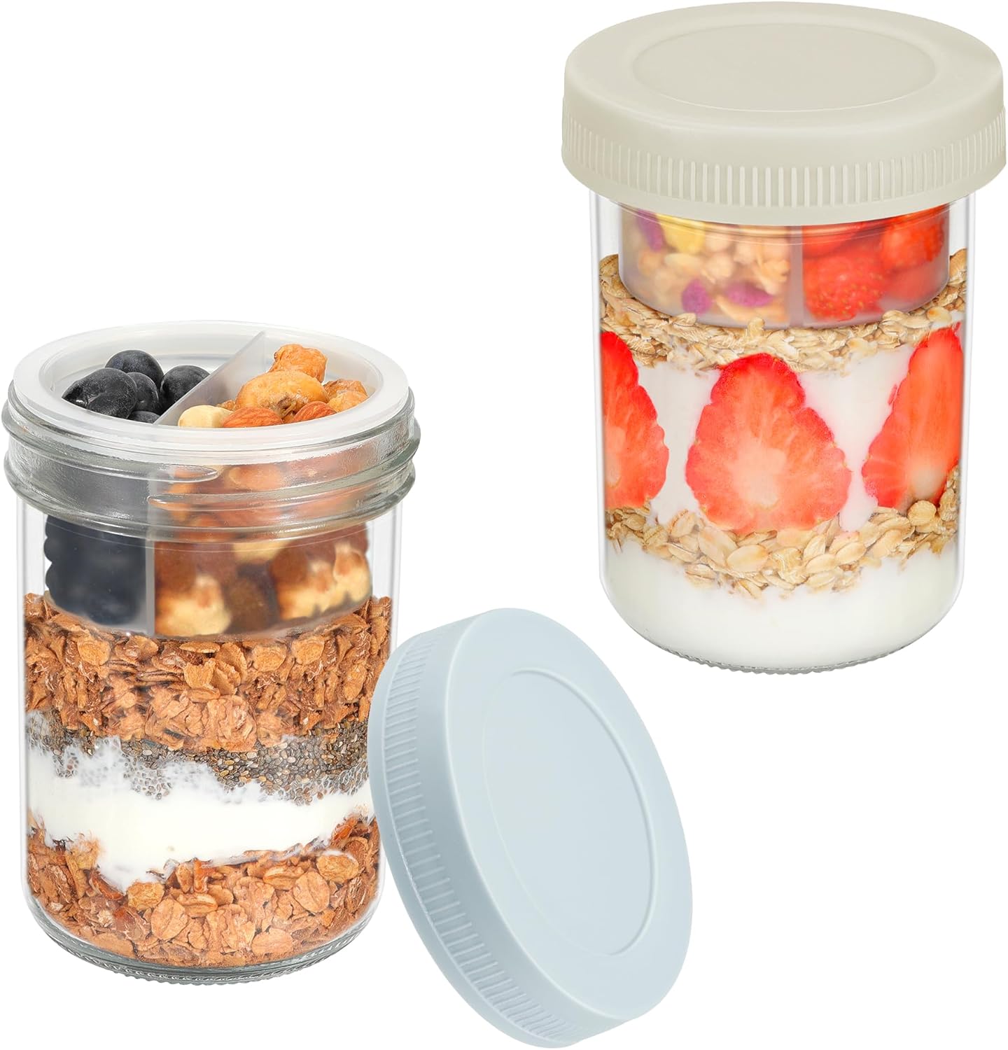 16 oz Overnight Oats Containers with Airtight Lids - 2-Pack Leak-Proof Wide Mouth Mason Jars & Divided Cups for Dried and Wet Foods, Glass Jars for Chia Pudding, Salad, Snacks, and Yogurt