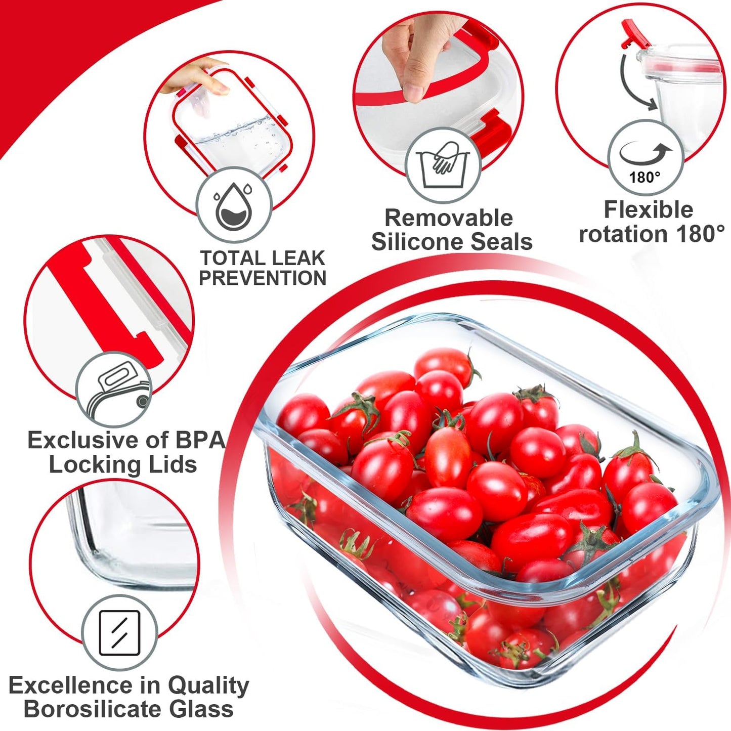 VERONES 5 Pack 36 OZ Glass Meal Prep Containers, Airtight Glass Lunch Containers Set, Glass Food Storage Containers with Lids,Exclusive of BPA, for Microwave, Oven, Freezer & Dishwasher Friendly,Red