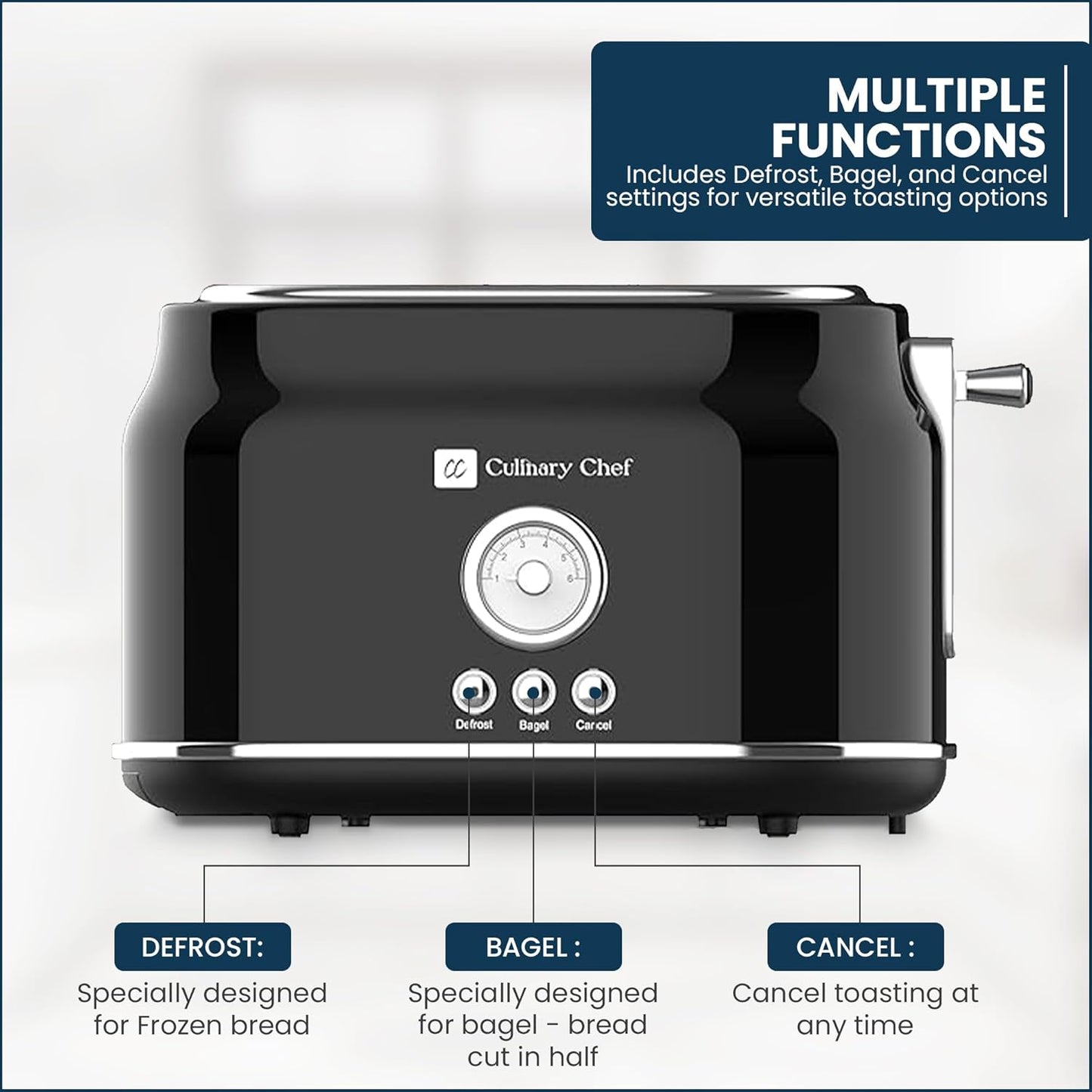 CULINARY CHEF, 2 Slice Toaster, Retro Style, Wide Slot for Bread, English Muffins, Croissants, and Bagels, 6 Adjustable Toast Settings, Cancel and Defrost, 900w, Black