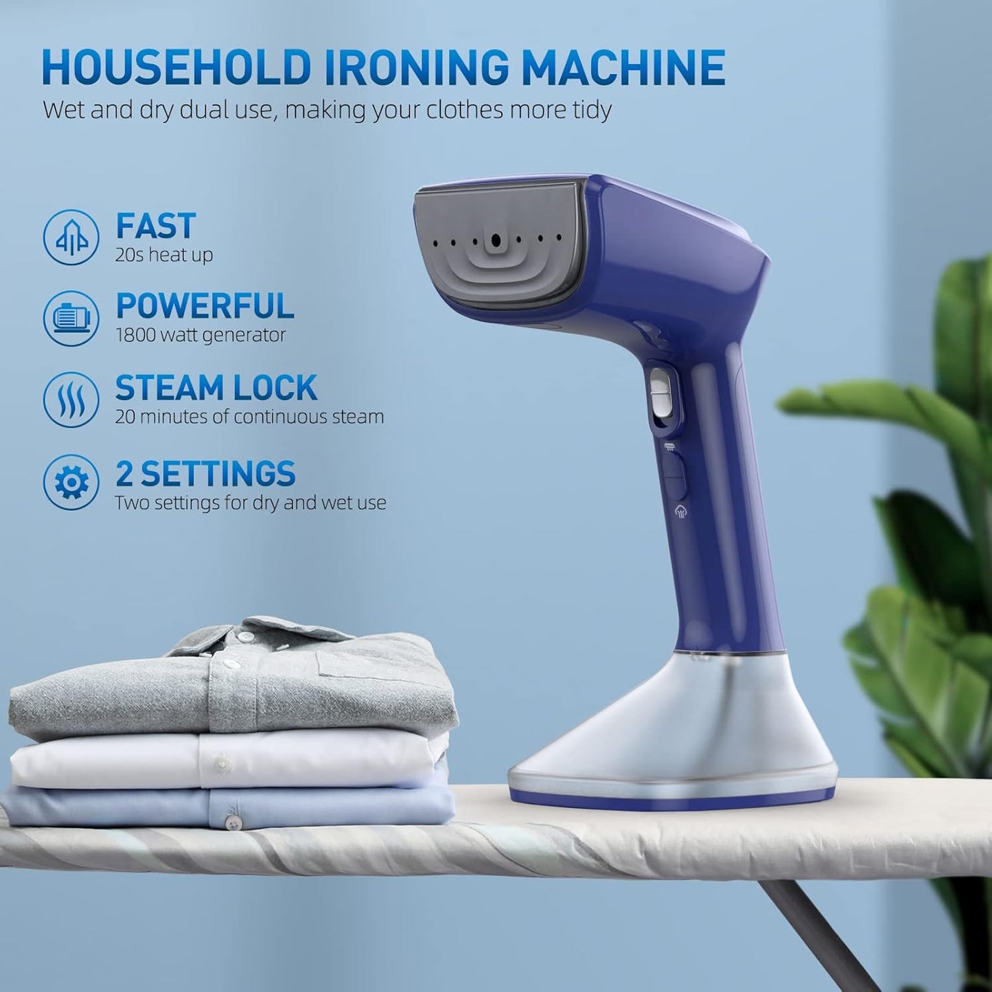Steamer for Clothes - 1800W Powerful Steam, 2 Modes for Wet and Dry Ironing, 20-Second Fast Heat-up,Detachable Water Tank with Heat-Resistant Gloves -Removing Wrinkles.Only for 120V Countries.Blue