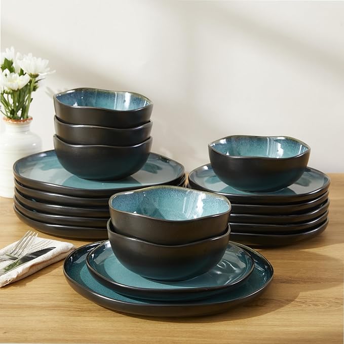 18 Piece Dinnerware Sets for 6, Green Black Reactive Glaze Stoneware | Irregular Artisan Style for Family Dinners, Weekend Gatherings | Scratch‑Resistant, Microwave & Dishwasher Safe