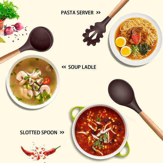 MIBOTE Silicone Cooking Kitchen Utensils Set with Holder, Wooden Handles BPA Free Non Toxic Silicone Turner Tongs Spatula Spoon Kitchen Gadgets Utensil Set for Nonstick Cookware (Coffee)