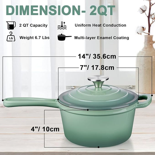 2 Quart Saucepan with Lid, Leonyo Enameled Cast Iron Sauce Pan, Enamel Dutch Oven Kitchen Cookware for All Cooktops Making Pasta Sauce, Oatmeal - Up to 500°F & 6.7Lbs, Pistachio Green