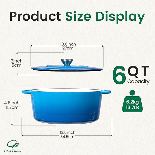 Chef Power Dutch Oven Pot with Lid 6QT, Enameled Cast Iron Dutch Oven for Bread Baking, Braising, Stews, Roasting, Oven Safe Dutch Ovens, Gradient Blue