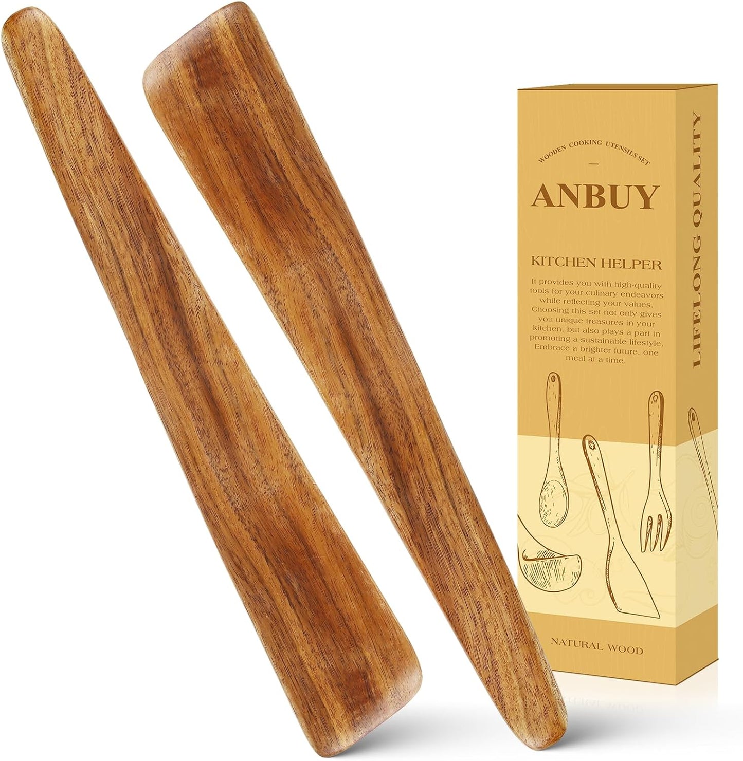 ANBUY 12 Inch Teak Wood Spatula for Cooking, Wooden Kitchen Utensil, Scraper Turner for Cast Iron, Egg Fish Flipper Flat Spatulas for Flipping, Serving, Scraping & Turning(2 pcs Scraper)