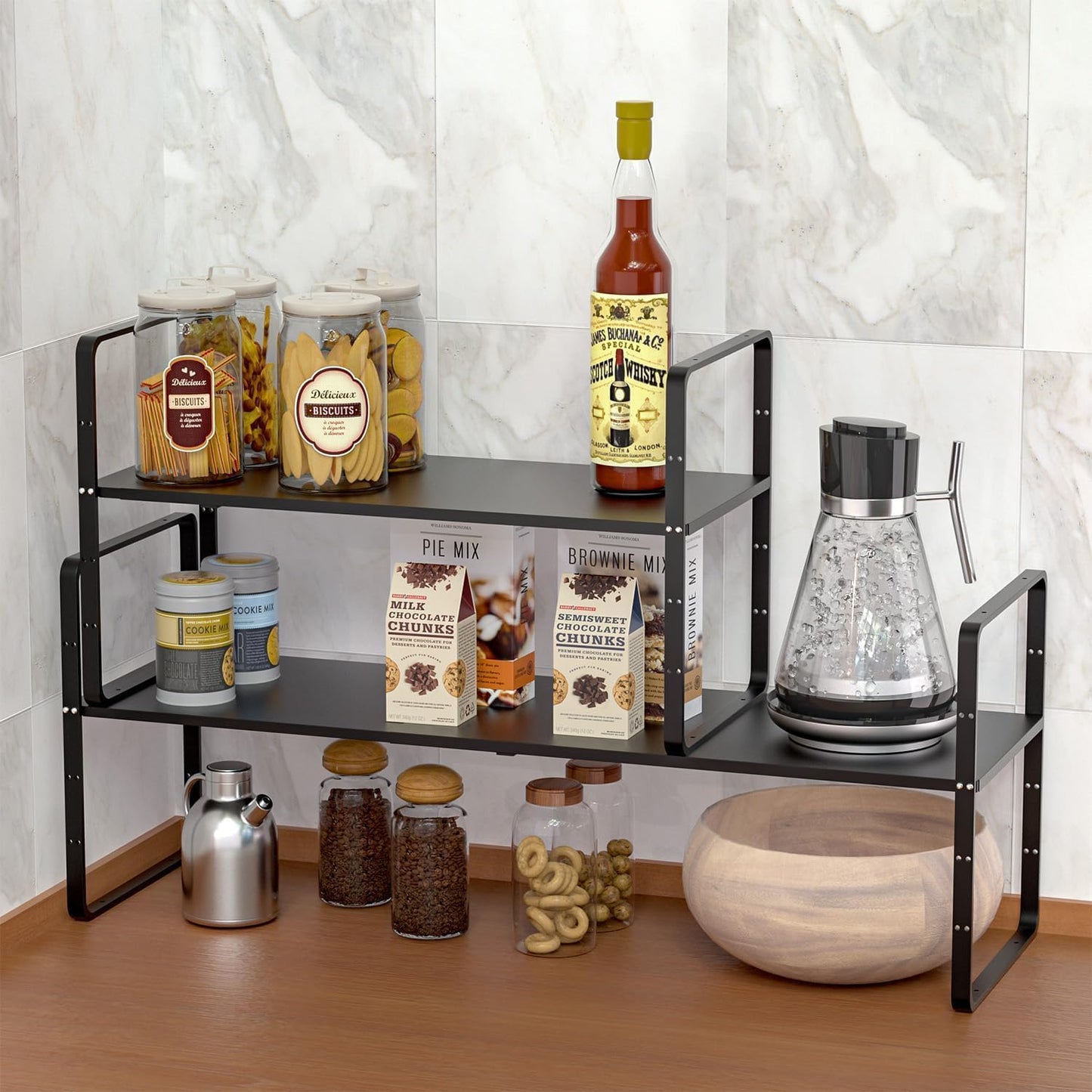 Redrubbit Expandable Cabinet Shelf Organizers, Stackable Kitchen Counter Shelves Spice Rack for Kitchen Bathroom Pantry Cupboard Desk Home Office, Metal Plate Heavy Duty Nonslip Black