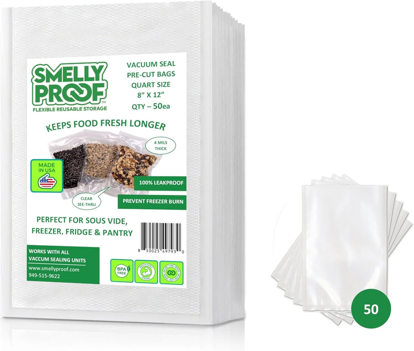 Smelly Proof Vacuum Bags, American Made – 50-Bags 8"x12" Quart, BPA FREE 4-Mil Vacuum Sealer Bags for Food, Seal Meal Bags, Freezer Storage, Meal Prep, Sous Vide Cooking & Storage