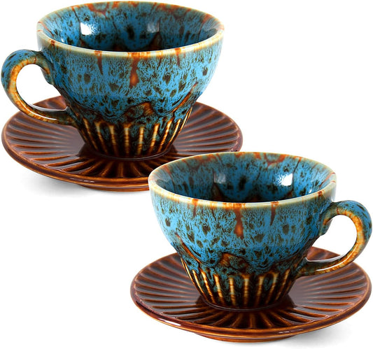 2 oz Espresso Cups Set of 2, Ceramic Cappuccino Cups with Saucers, Durable Porcelain Tea Set & Modern Coffee Cup Collection, Coffee Lover Gifts, Glazed Blue