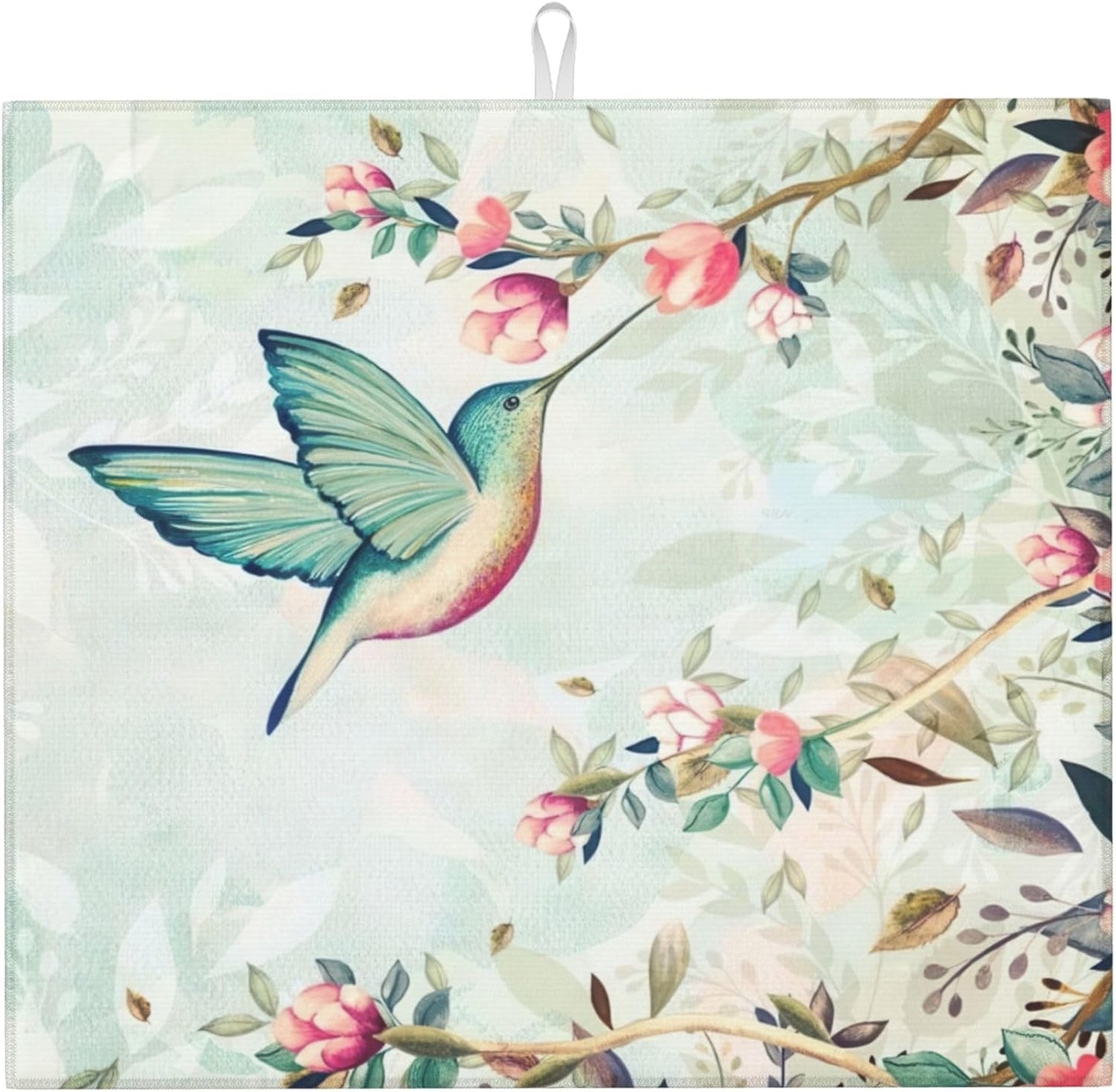 Hummingbird Flowers Dish Drying Mat 16x18 Inch, Microfiber Absorbent Fast Dry Mat Large Dish Mat Drying Kitchen Mat, Kitchen Drying Pad for Kitchen Counter Coffee Bar Decor Gifts