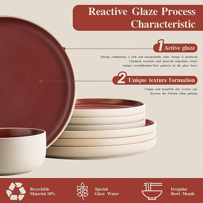12 Pieces Dinnerware Sets,Plates and Bowls Sets,Handmade Reactive Glaze Dishes Set for 4 with at Least 10% Recycled Ceramic and the Raw Texture of the Clay (Angora Red)