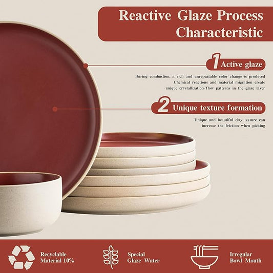 12 Pieces Dinnerware Sets,Plates and Bowls Sets,Handmade Reactive Glaze Dishes Set for 4 with at Least 10% Recycled Ceramic and the Raw Texture of the Clay (Angora Red)
