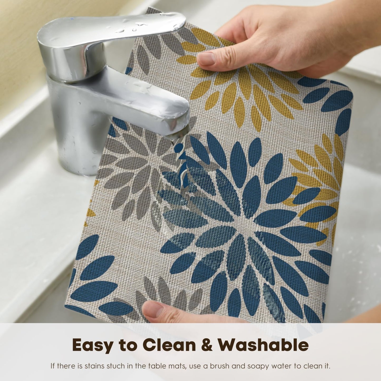 Artoid Mode Floral Vinyl Placemats Set of 4, Heat Resistant Washable Non-Slip Plistic PVC Place Mats for Party Kitchen Dining Decor, Blue Yellow