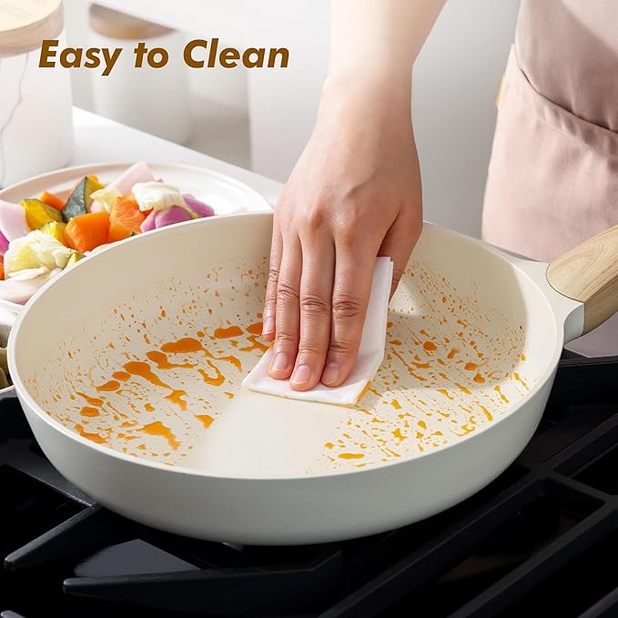 SENSARTE Ceramic Nonstick Frying Pan Skillet with Lid, 9.5inch Non Stick Pan Omelet Pans, Non-toxic Kitchen Cooking Chef's Pan, Free of Intentionally Added PFAS/PTFE/PFOA, Induction Compatible, White