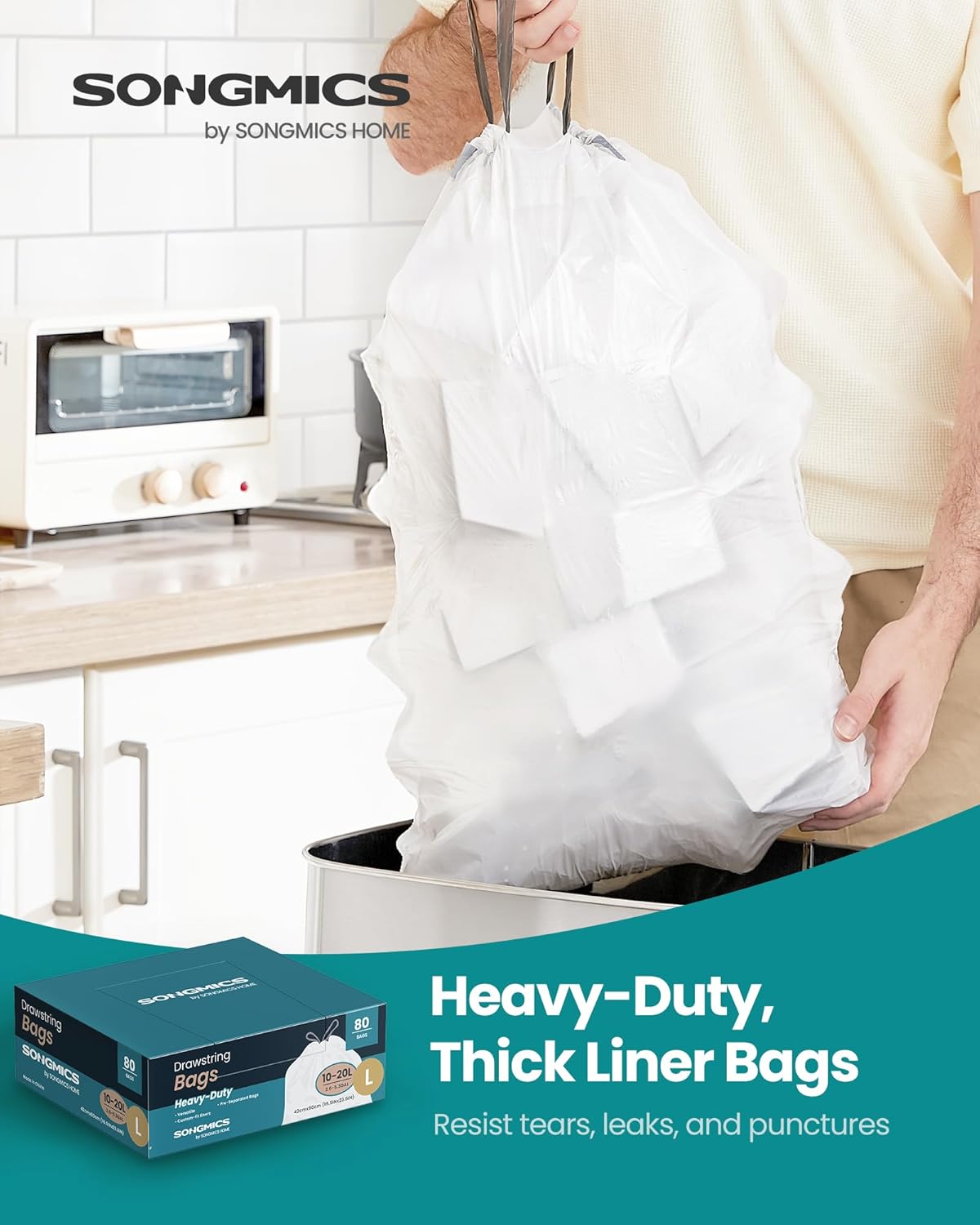 SONGMICS Trash Bags for 5.3 Gallon (20 L) Trash Cans, Drawstring Kitchen Garbage Bags, Pre-Separated, Quick-Dispense Box, Liner Code L, 2 Rolls, 80 Count, White UKRB021A02