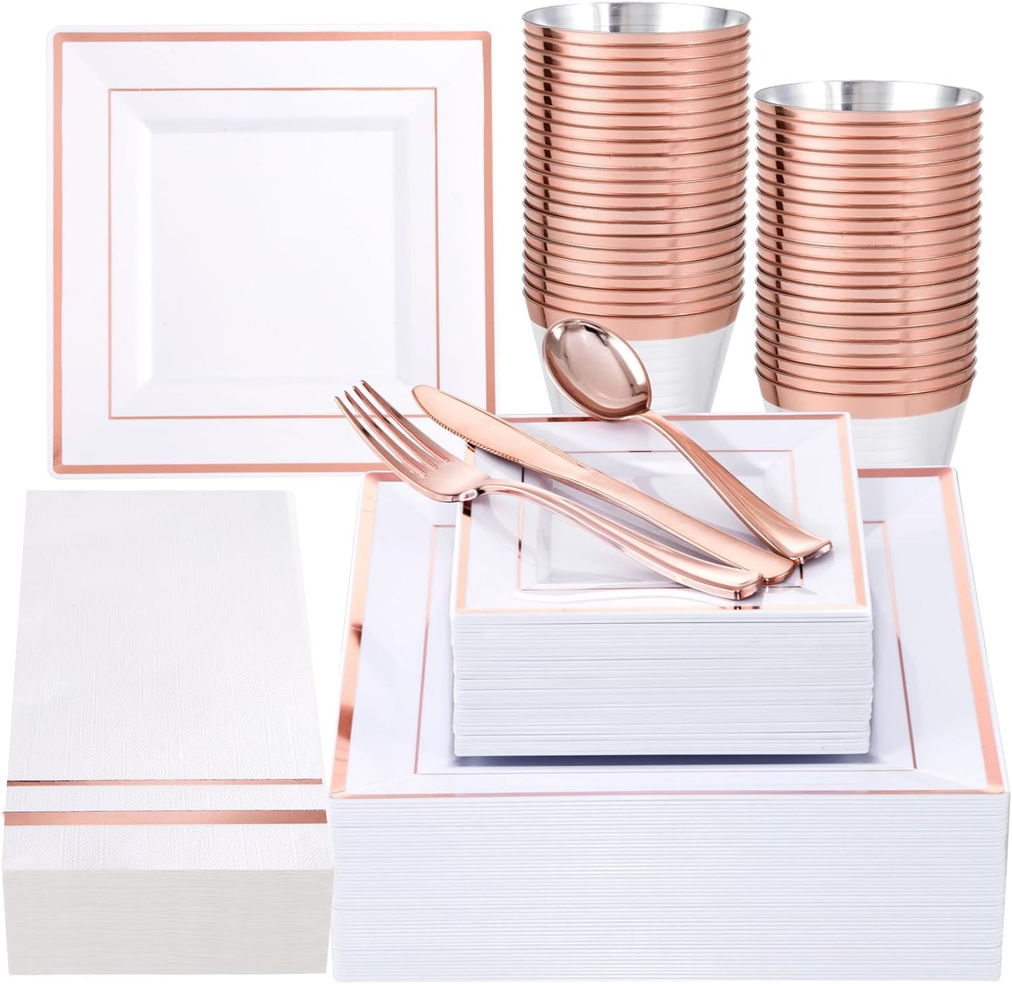 Festiva 350Pcs Rose Gold Plates and Napkins Party Supplies-Square White and Rose Gold Disposable Dinnerware include Plates Cups Cutlery Napkins for 50 Guests Wedding &Christmas Party&Mother's Day