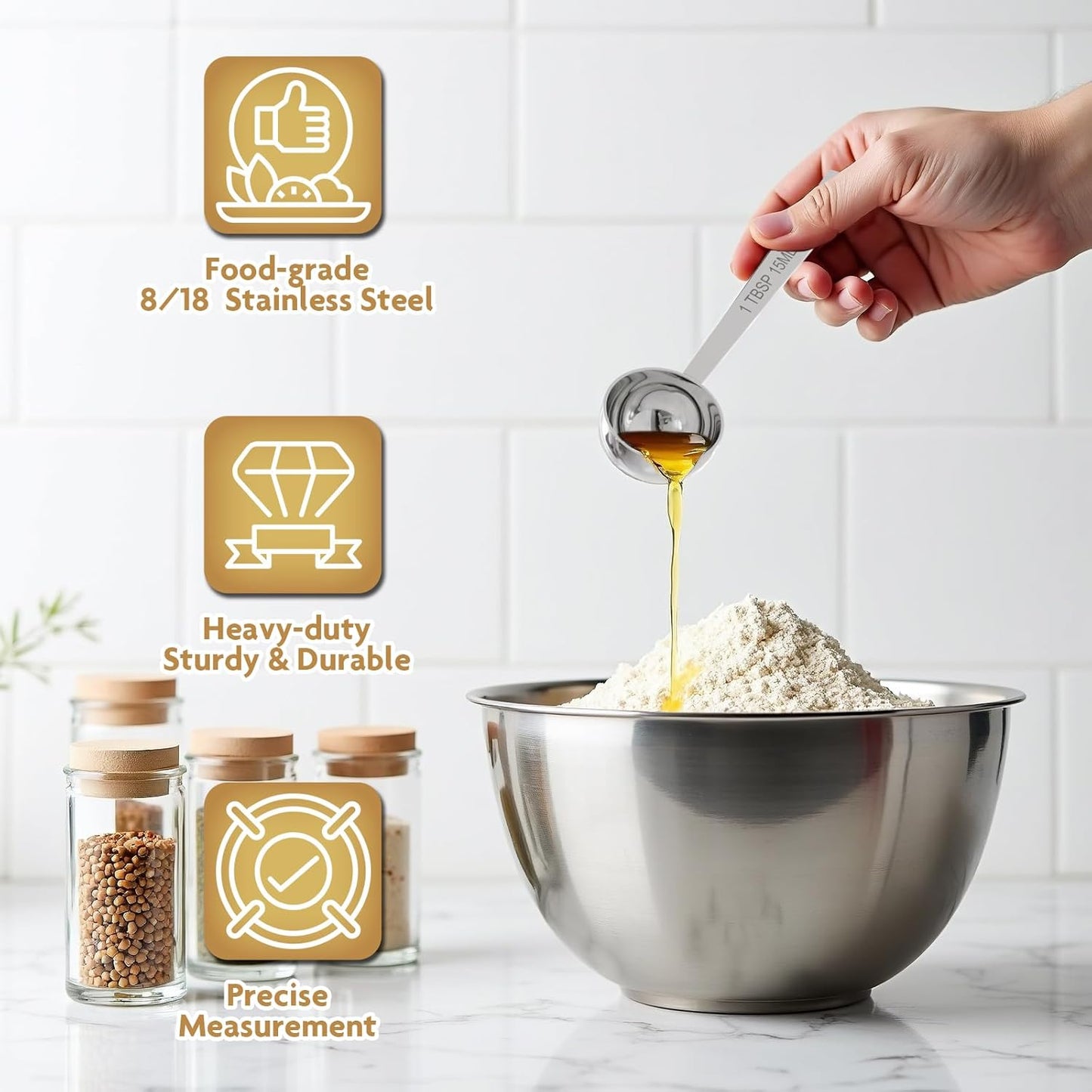 1PCS 2/3TBSP(2TSP, 10ML) 18/8 Stainless Steel Measuring Spoon, Metal Measure Scoop for Dry and Liquid Spices, Must-have for Kitchen