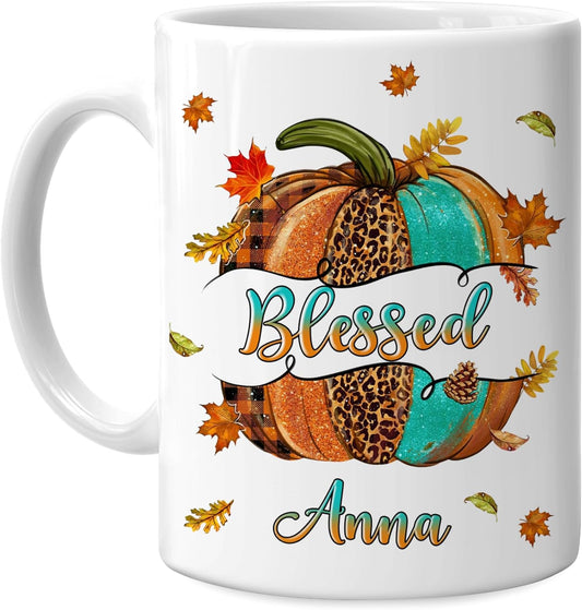 Hyturtle Personalized Fall Autumn Mug Gifts - Pumpkin Blessed - Custom Name Coffee Cup Ceramic Mug 11oz 15oz - Autumn Gifts - Fall Thanksgiving Decor Gift - Birthday Christmas