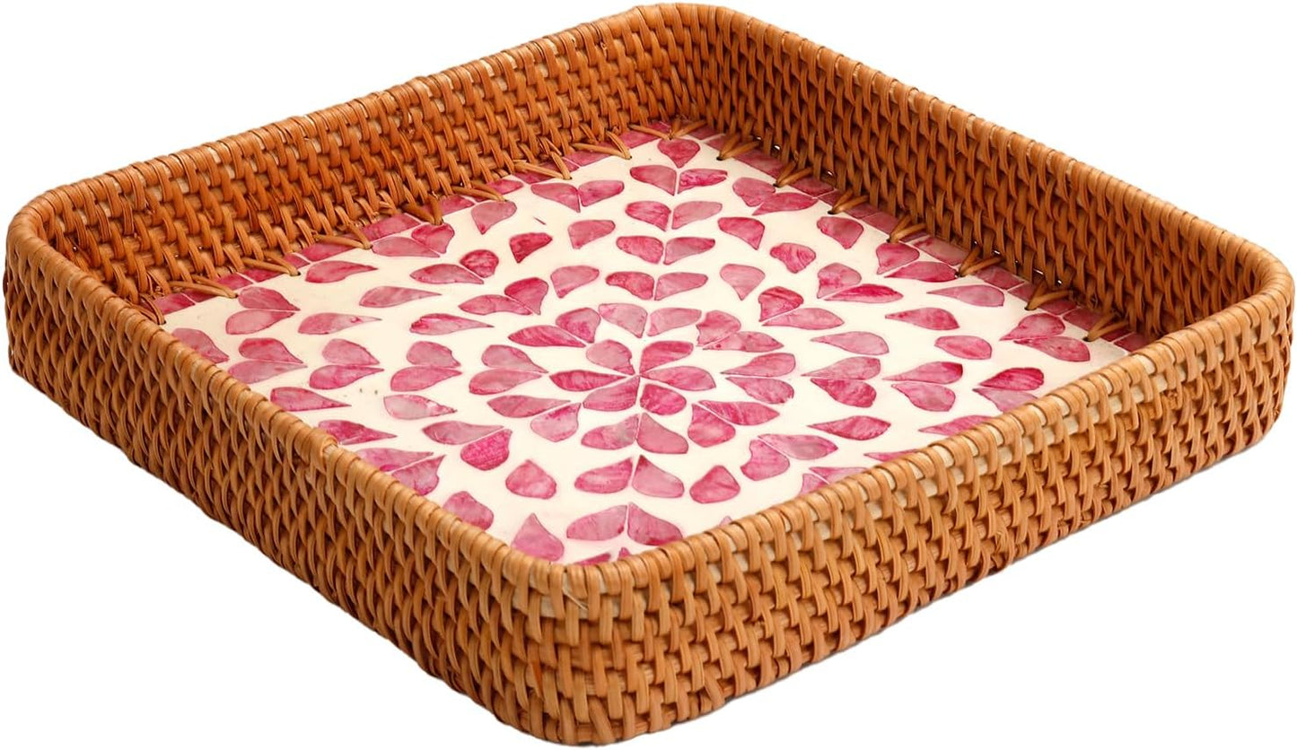Rattan Tray with Mother of Pearl Inlay, Boho Coffee Table Decor, Decorative Serving Tray, Farmhouse Gift for Living Room & Bathroom