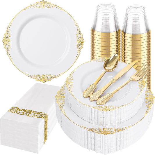 Hioasis 175pcs White and Gold Plastic Plates - Elegant Disposable Dinnerware Set Suitable for 25 Guests Include 10.25" Dinner & 7.5" Dessert Plates, Cutlery, Napkins, Cups for Party & Thanksgiving