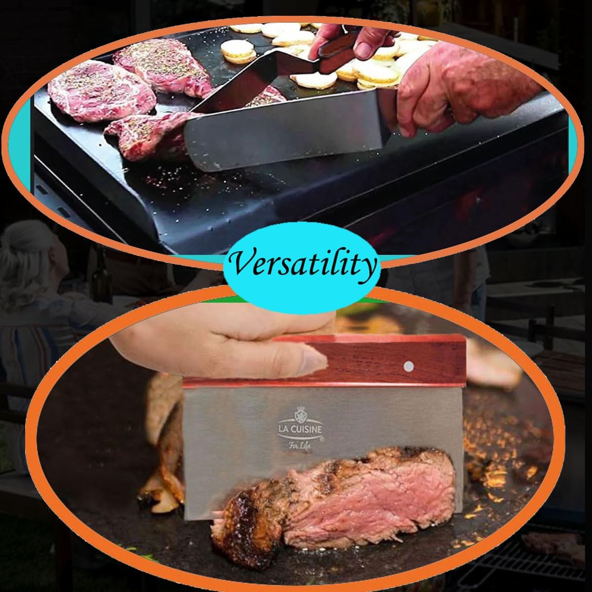 La Cuisine 3-PC SS Griddle Spatula Set - BBQ Tools Set Food Scraper for Grill Teppanyaki Flipping Patties Pancake Fish, 2 pcs SS Spatulas 1 pc Chopper/Scrapper with solid wood handle