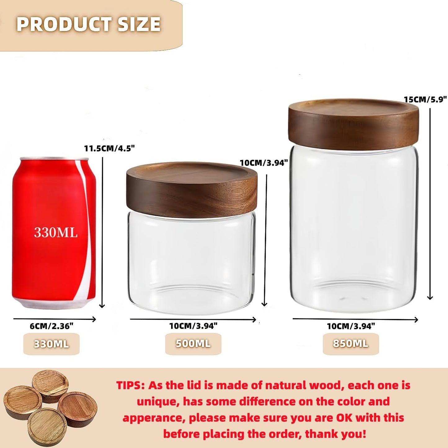 28 Fl oz/850 ml Glass Food Storage Jar, Premium Clear Glass Container Jar with Airtight Wooden Screw Lid, Kitchen Canisters for Coffee,Tea,Pasta,Cookies, Nuts,Spice,Candy,Overnight Oatmeal（Medium）