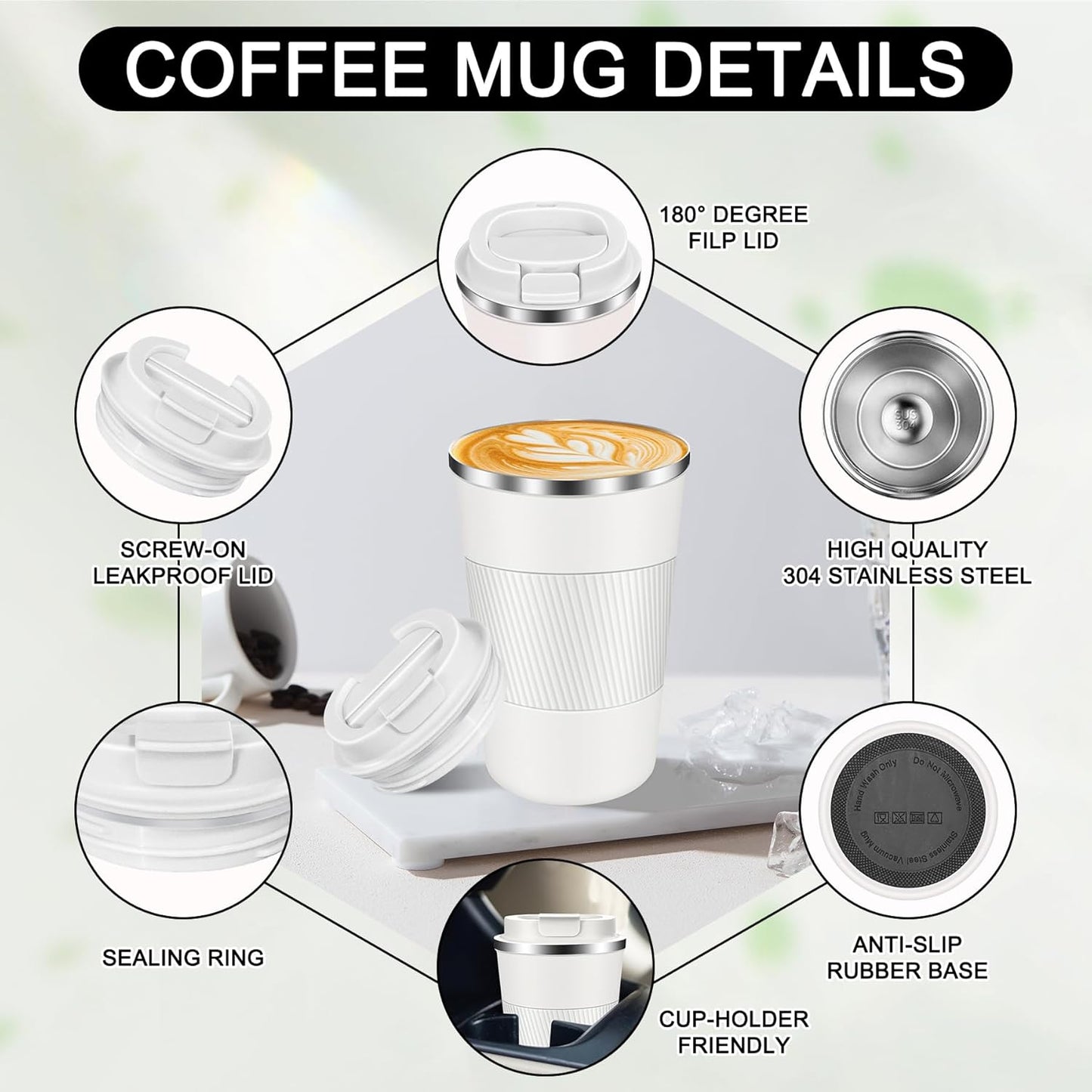 Coffee Travel Mug 12oz Insulated Coffee Mug with Lid Portable Spill-Proof Coffee Mug No Handle Reusable Stainless Steel Cup Keeps Cold and Hot Suitable for Car, Daily, Travel and Gifts