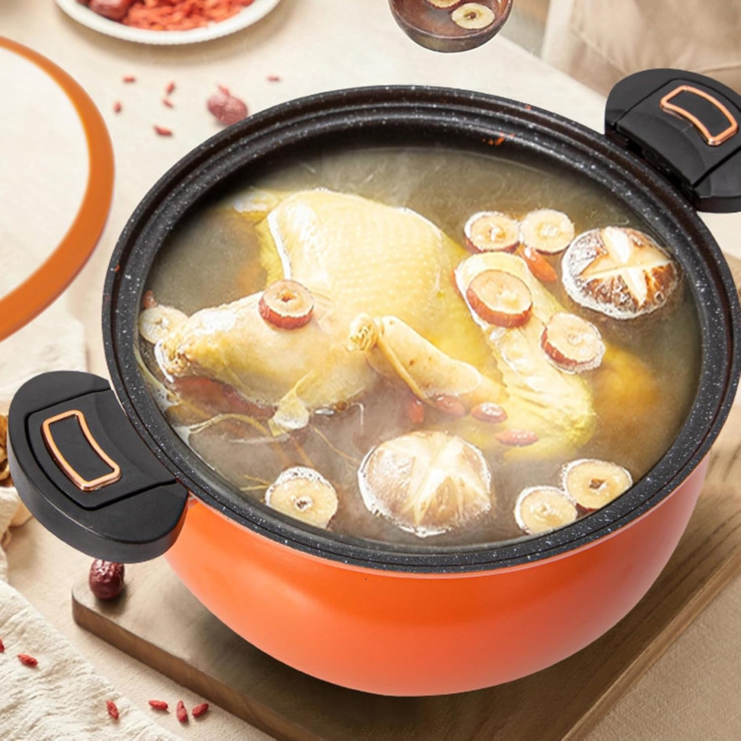 8L Mini Fast-Heating Pressure Cooker with Lock Handles & See-Through Lid, Non-Stick Stockpot for Gas, Induction & Electric Stoves, Orange