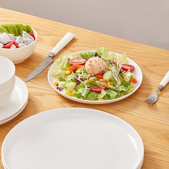 AntoKueh White Ceramic Plates Set of 6, 8.2 Inch Round Porcelain Salad Plate, 6-piece dishes with shallow Edge for Appetizer, Steak, Dishwasher/Microwave safe