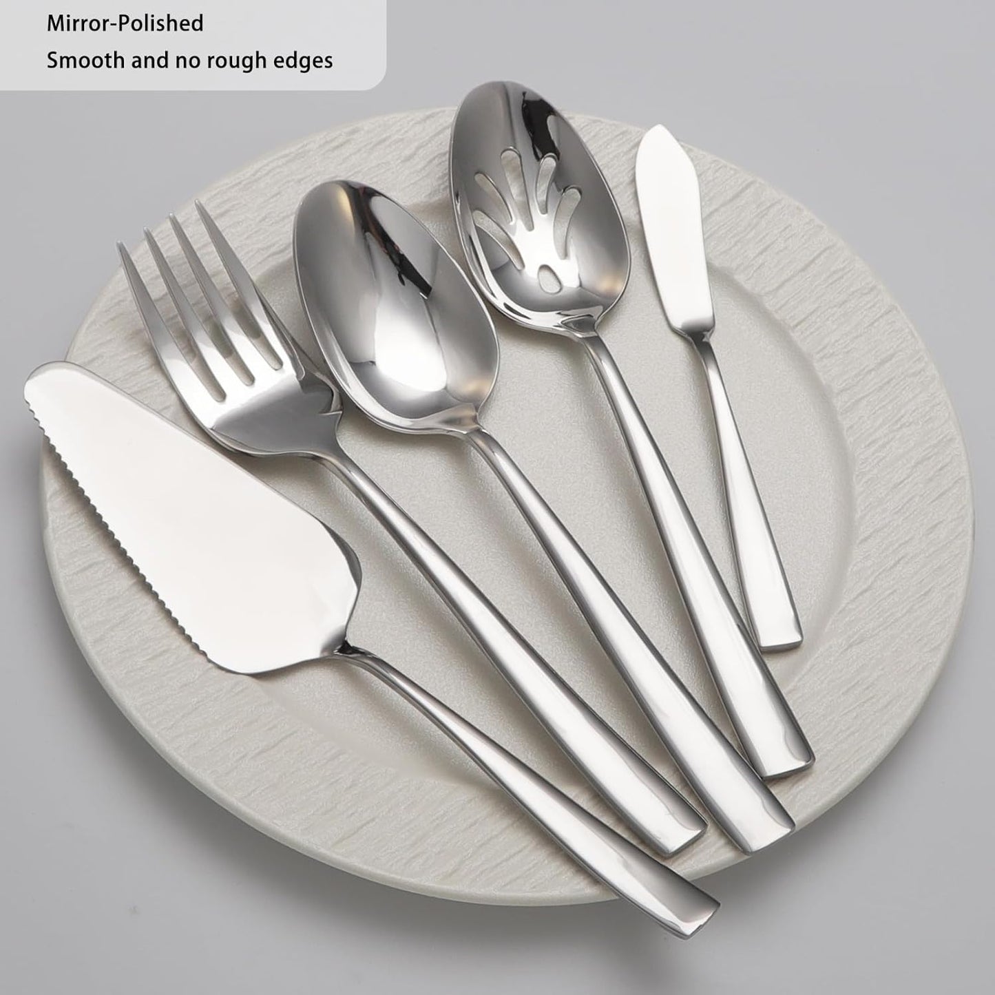 Large Hostess Serving Utensils Set, Stainless Steel Heavy Duty Serving spoons, Slotted Spoons, Serving Fork, Cake Server, Butter Knife, Dishwasher Safe (Silver)