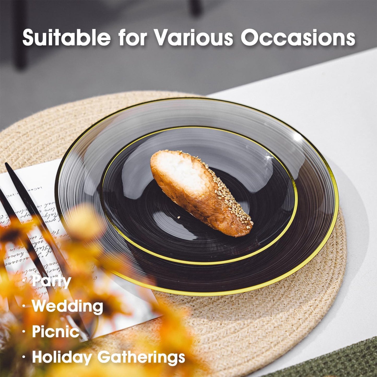 100PCS Black Plastic Plates-Crystal Design Black Disposable Plates with Gold Rim, Fancy Disposable Plates Include 50 Dinner Plates, 50 Dessert/Salad Plates for Party & Halloween