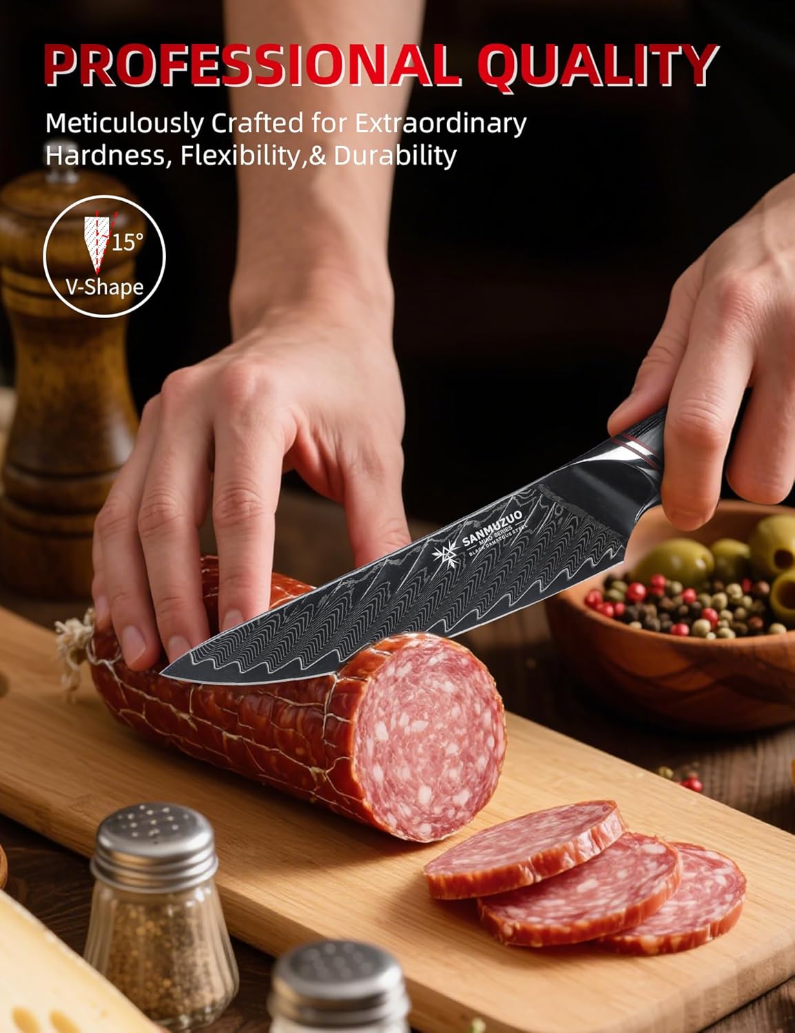 5 Inch Utility Knife - Fruit and Vegetable Knives, Black Damascus Steel with Ergonomic Handle - MIAO Series