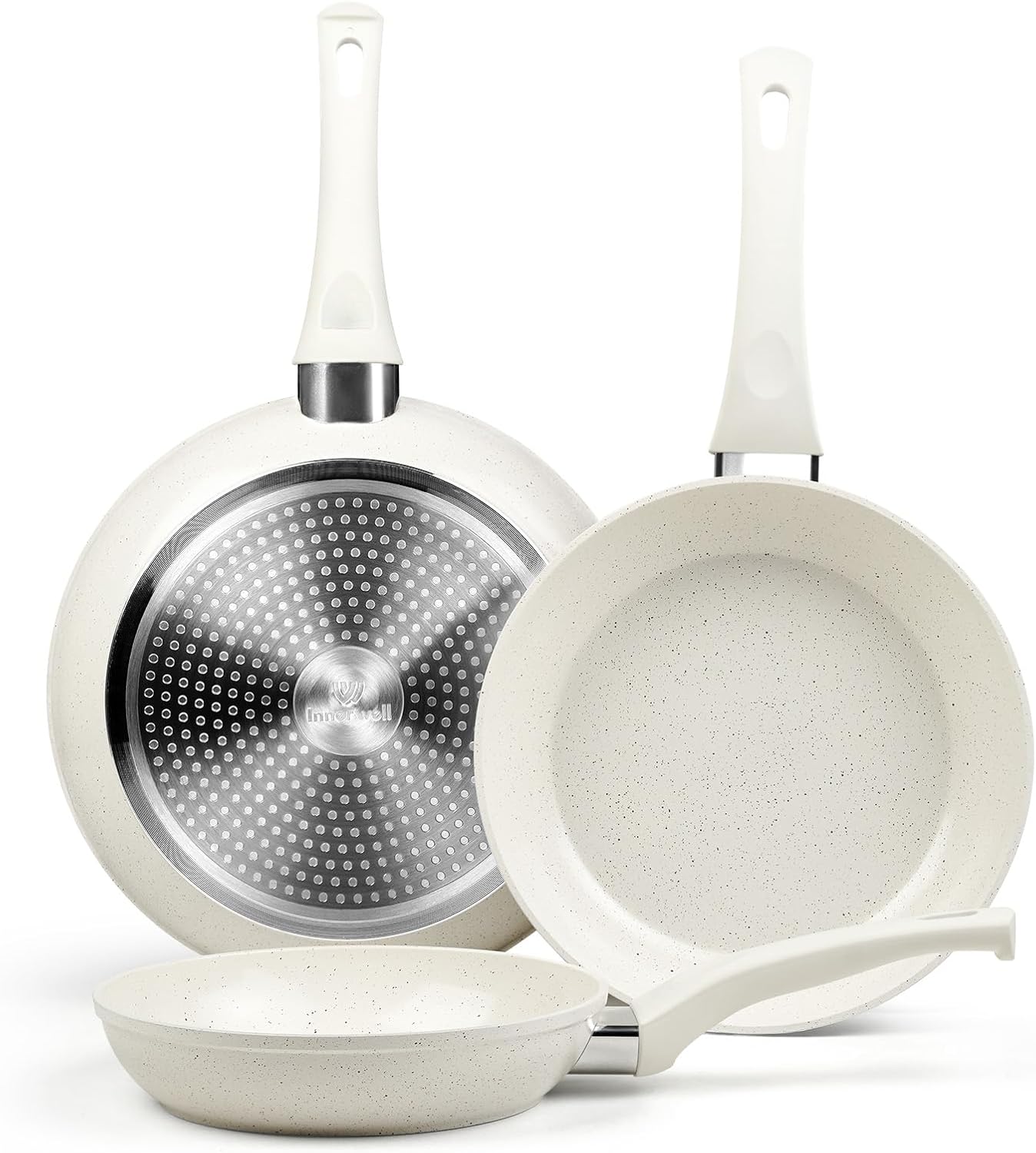 Innerwell Ceramic Frying Pan Set, Set of 3 Non Stick Frying Pans, White Ceramic Induction Cookware, Nonstick Skillet Omelette Egg Frying Pan Set, kitchen Cooking Pan Set, PFOA&PFAS Free