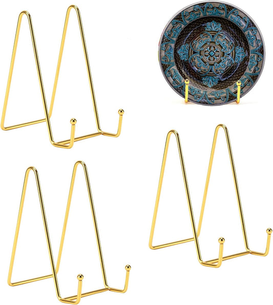 3 Pack 8 Inch Plate Stands for Display, Plate Holder Display Stand, Picture Frame Stand Black Metal Frame Holder Stands for Book,Small Easel,Decorative Plate,Photo and Platter,Tabletop Art-gold