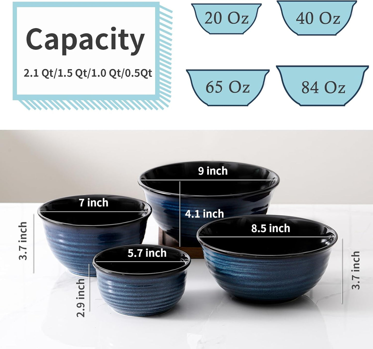 Hasense Mixing Bowls for Cooking, Baking, Ceramic Serving Dishes Set of 4 for Salad, Fruits, Popcorn, Versatile Nesting Bowls for Housewarming Gift, 2.1/1.5/1.0/0.5 Qt, Dishwasher & Microwave Safe