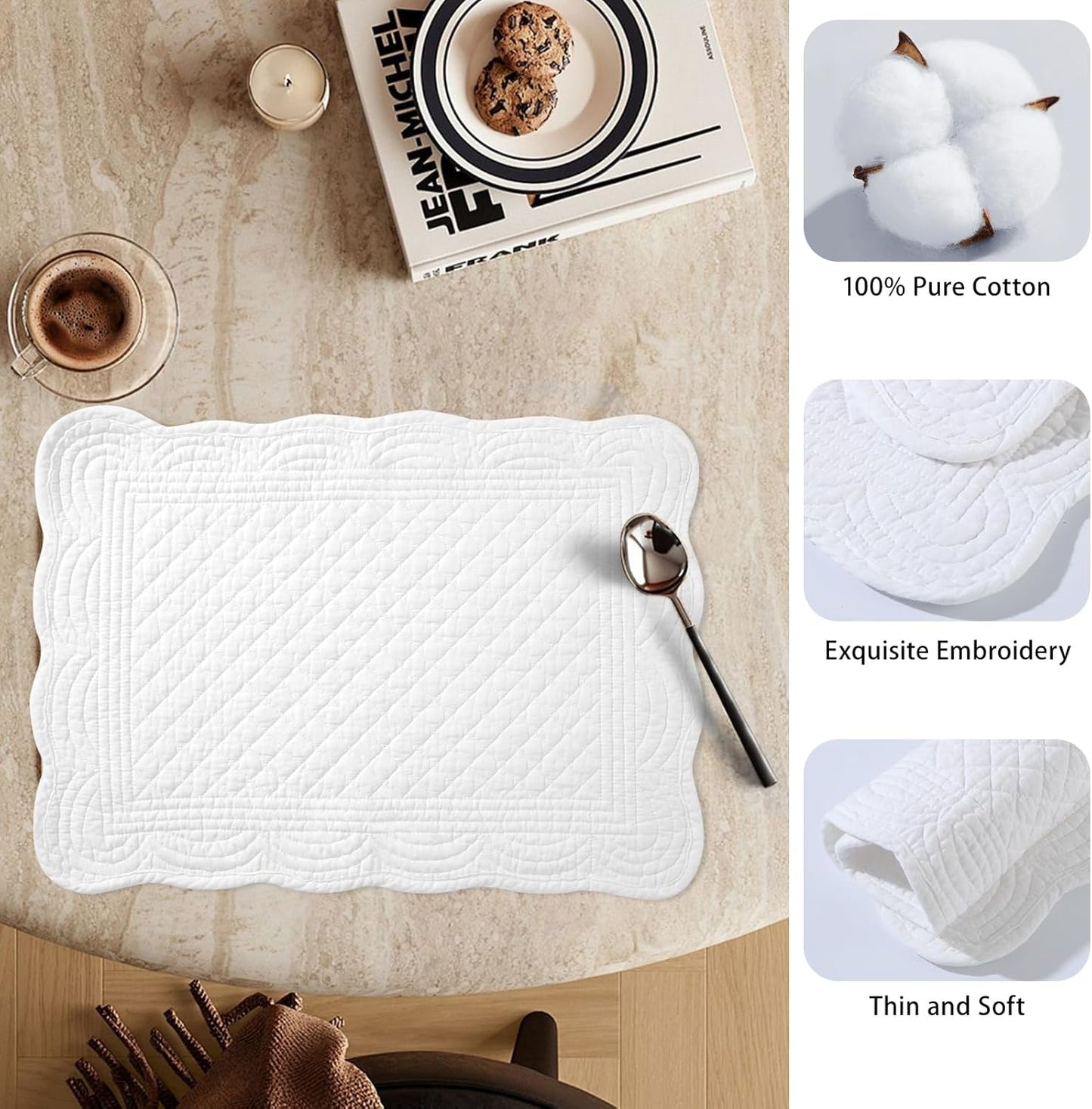 6 PC Quilted Placemats, 18"X13"Extra Large Cotton Placemats Set of 6, 100% Cotton Fabric Washable Cloth Table Mats for Kitchen & Dining Table - Soft &Easy Clean(Cream White, Rectangular)