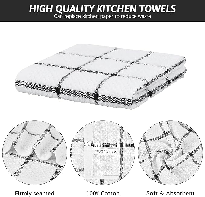 Nialnant 8 Pack Kitchen Dish Rags,100% Cotton Dish Cloths for Washing Dishes,Quick Drying Kitchen Towels,12x12 Inches,Black Plaid