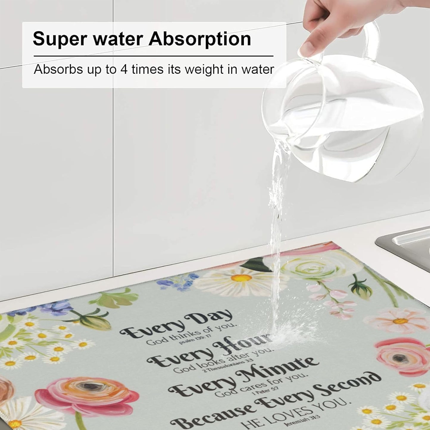 Vintage Country Watercolor Wildflowers Dish Drying Mat for Kitchen Counter, 16"x18" Microfiber Absorbent Fast Dry Mat, 2Pcs Dish Mat Faucet Mats Sets, Large Drying Kitchen Mat Kitchen Drying Pad