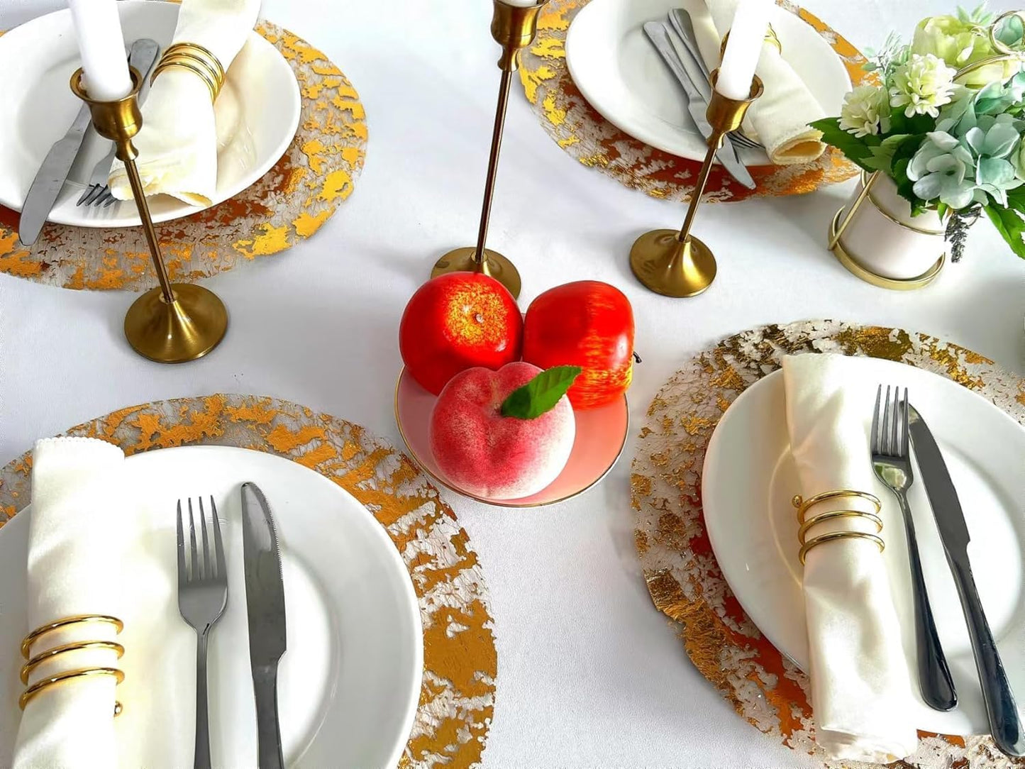 Disposable Gold Placemats Set of 12 Metallic Thin Round 13 Inch Foil Mesh Pressed Fall Table Mates 12 Pack Gold Charger Doilies for Wedding Birthday Party