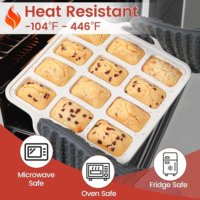 CAKETIME Silicone Mini Loaf Pan with Metal Frame, Silicone Mini Bread Loaf Pans 12 Cups for Baking Bread, Brownie, Cornbread, Cheesecake, Soap Nonstick (2 Pack)