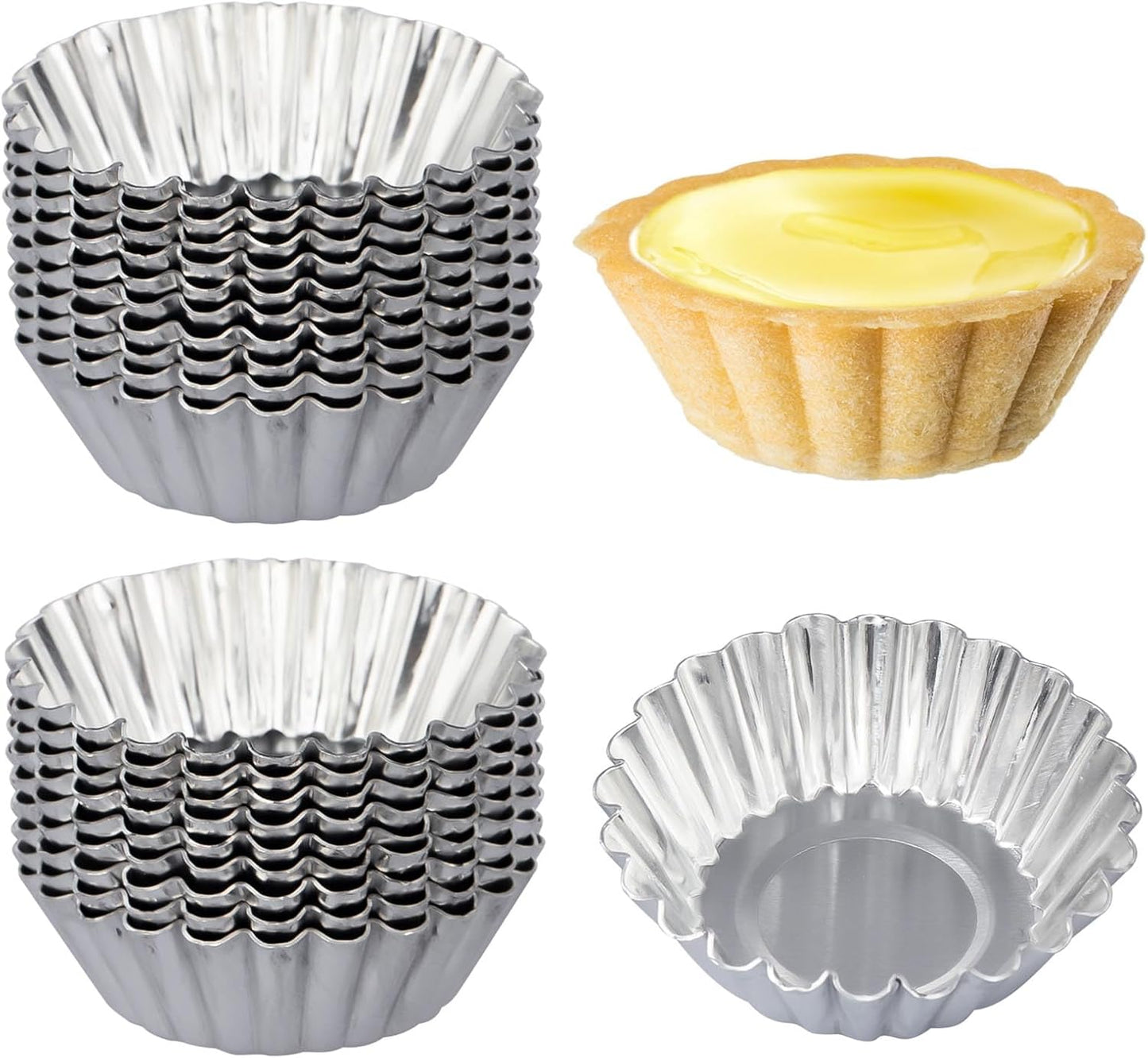 50 Pcs Egg Tart Molds, 2.6in Mini Tart Pan Reusable Aluminum Muffin Cupcake Mold Metal Pie Tins Flower Shape Baking Cups, L