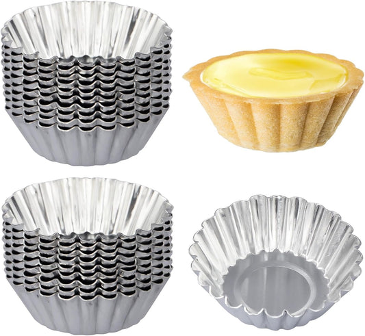 50 Pcs Egg Tart Molds, 2.6in Mini Tart Pan Reusable Aluminum Muffin Cupcake Mold Metal Pie Tins Flower Shape Baking Cups, L