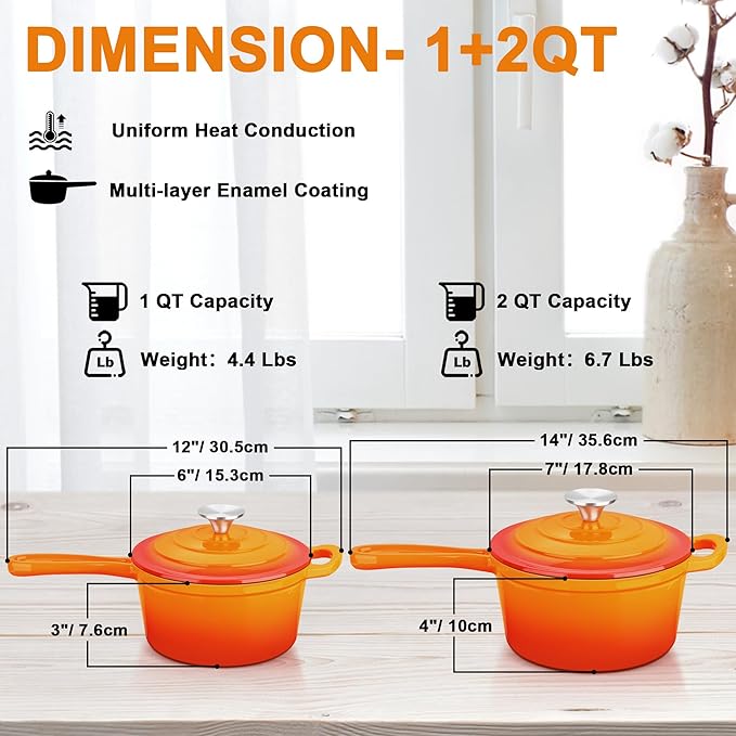 Enameled Cast Iron Sauce Pan, Leonyo 1 Qt & 2 Qt Saucepan Set, Cast Iron Dutch Oven Kitchen Small Pots for All Cooktops Cooking Pasta, Milk, Oatmeal - Up to 500°F & Nonstick, Orange