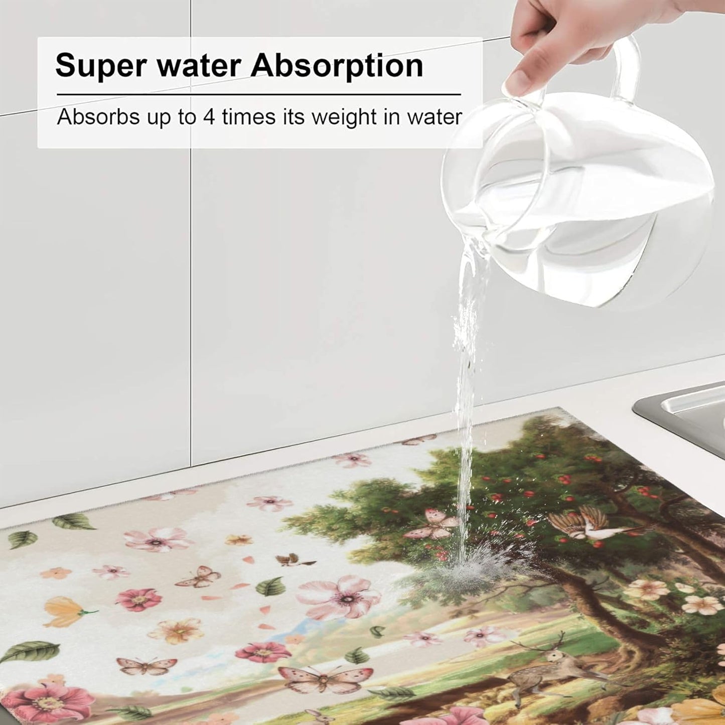 Retro Country Woods Deer Dish Drying Mat 16x18 Inch, Microfiber Absorbent Fast Dry Mat Flowers Butterfly Large Dish Mat Drying Kitchen Mat, Kitchen Drying Pad for Kitchen Counter Coffee Bar Decor