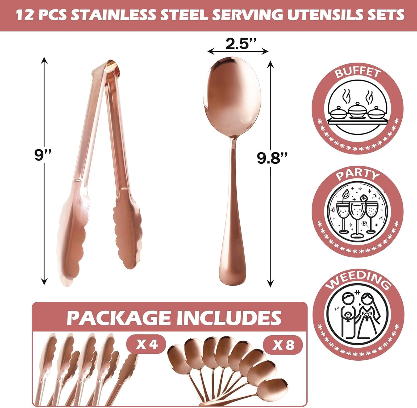 12PCS Stainless Steel Serving Utensils Sets with 8 Large Serving Spoons,4 Serving Tongs,Rose Gold Serving Utensills Sets for Buffet Catering Banquet Party (Rose Gold)