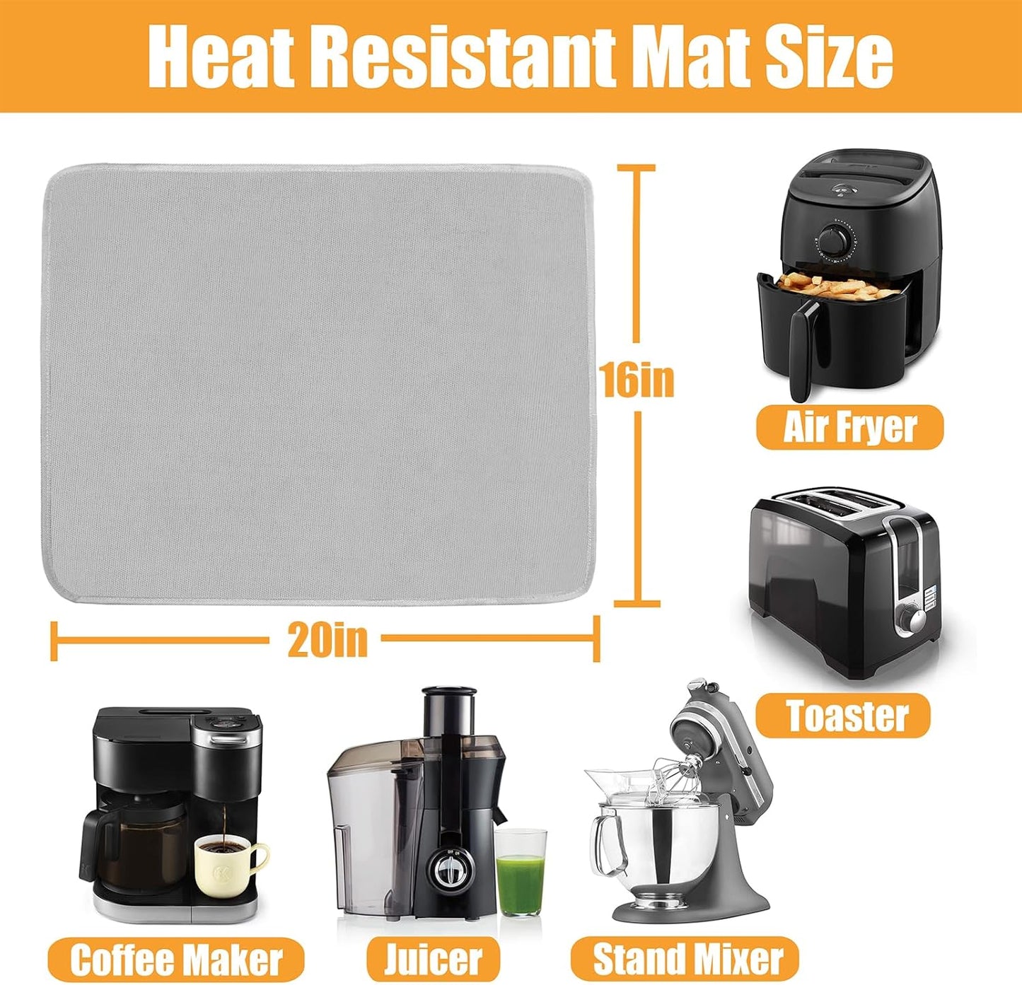 Heat Resistant Mat for Air Fryer, 16 x 20in Heat Resistant Mat for Countertop, Fireproof Silicone Countertop Protector Appliance Slider Mat for Air Fryer, Coffee Maker, Toaster, Oven (Grey)