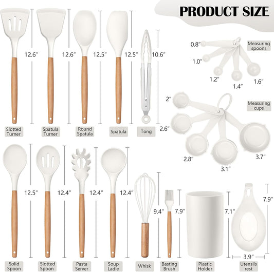 HaWare Kitchen Cooking Utensils Set, 23-Piece Silicone Kitchen Utensils Spatula Set with Holder, Heat Resistant Wooden Handle Kitchen Gadget for Nonstick Cookware, Food-grade Turner Spoon Sets (White)